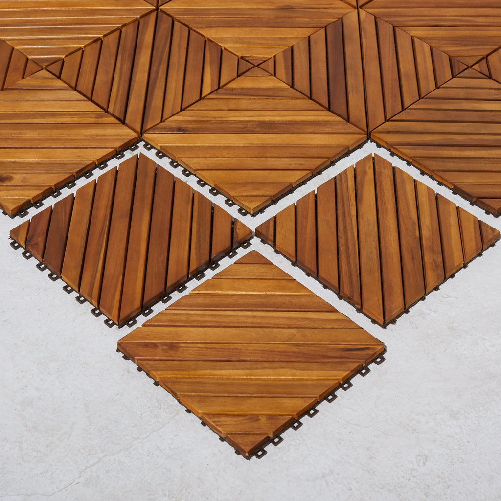 Dashiell 12-diagonal slat acacia interlocking deck tile by Anthony & Home showing a wooden outdoor flooring tile with interlocking design