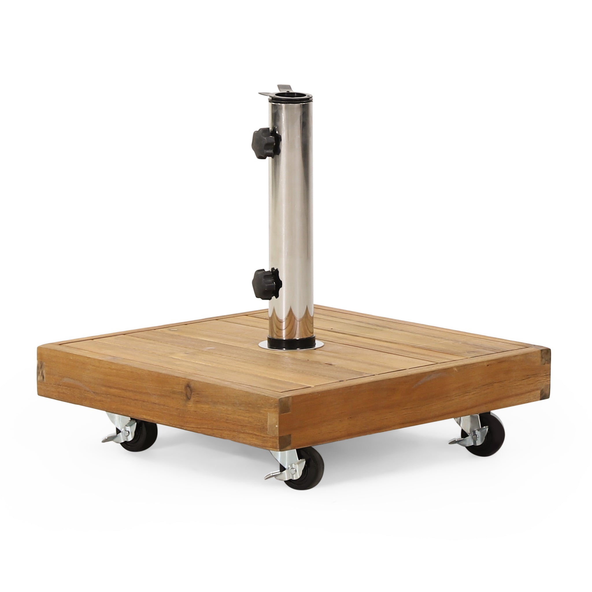 Anthony & Home Ralph Square Teak Umbrella Base with sturdy design and natural teak finish, perfect for outdoor patio umbrellas.