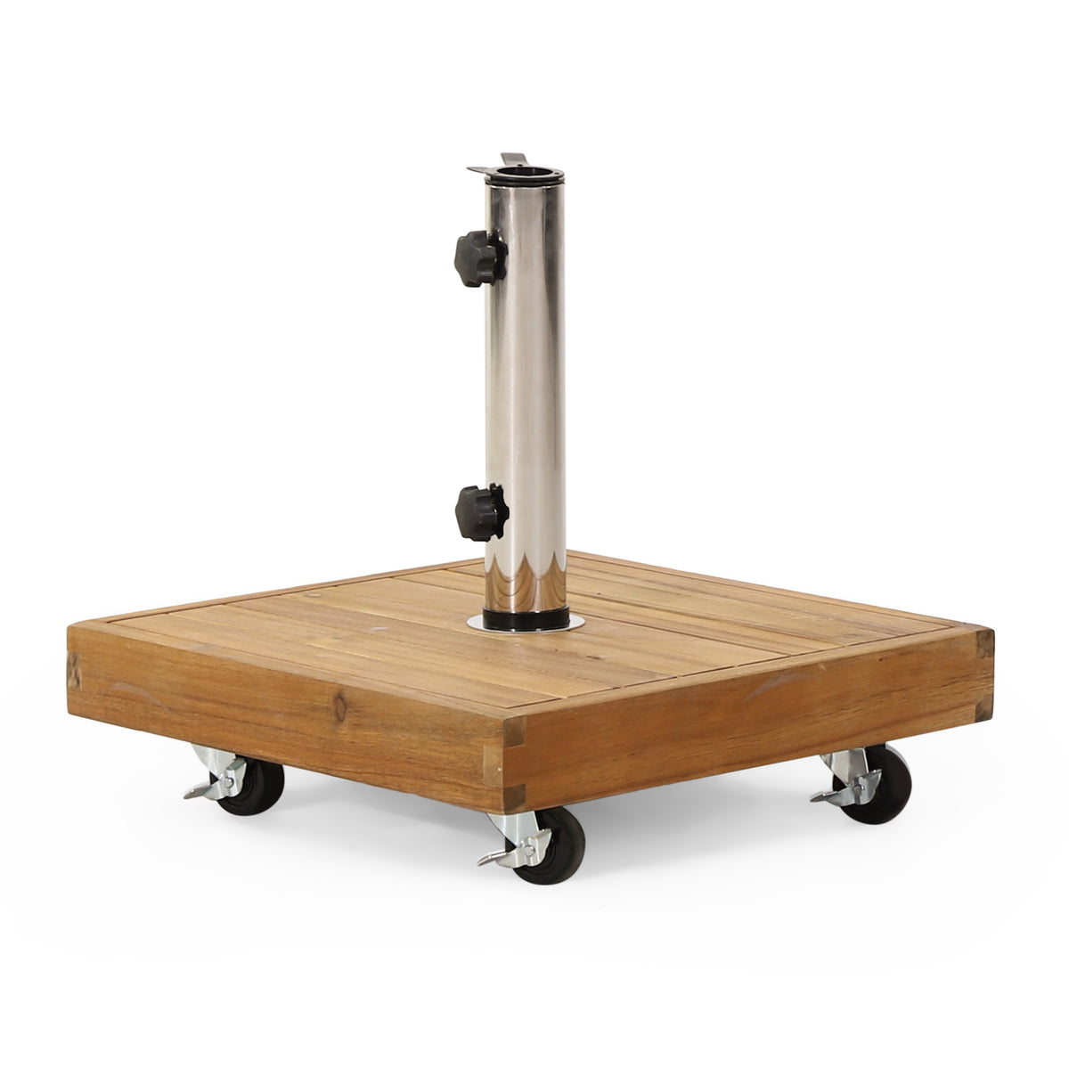 Anthony & Home Ralph Square Teak Umbrella Base with sturdy design and natural teak finish, perfect for outdoor patio umbrellas.