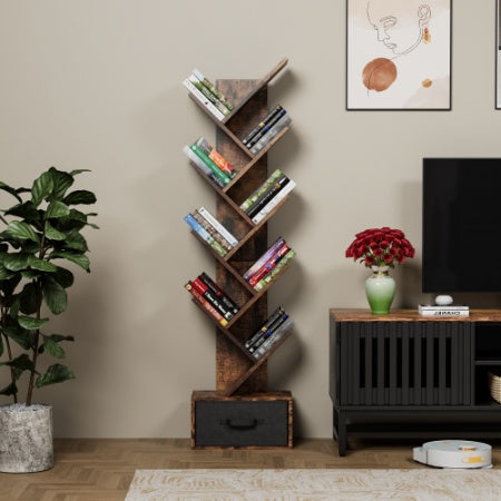 9 Tier Tree Bookshelf With Drawer Bookcase Rustic Brown