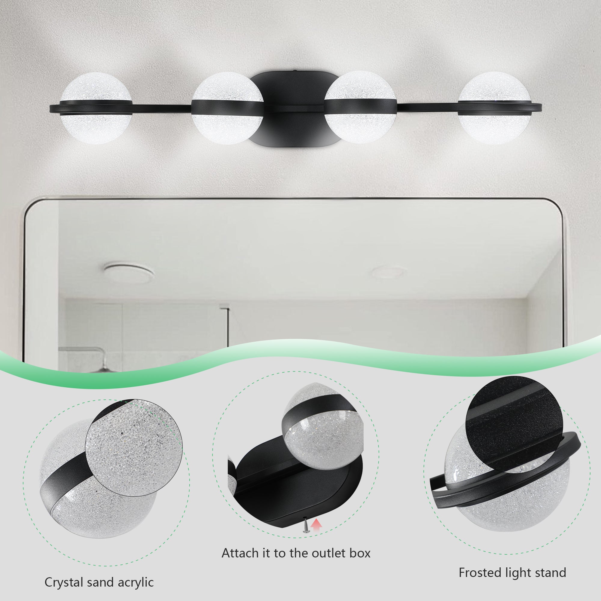 Black 4-light vanity fixture by Anthony & Home with crystal sand acrylic shades, designed for bathroom or vanity lighting.
