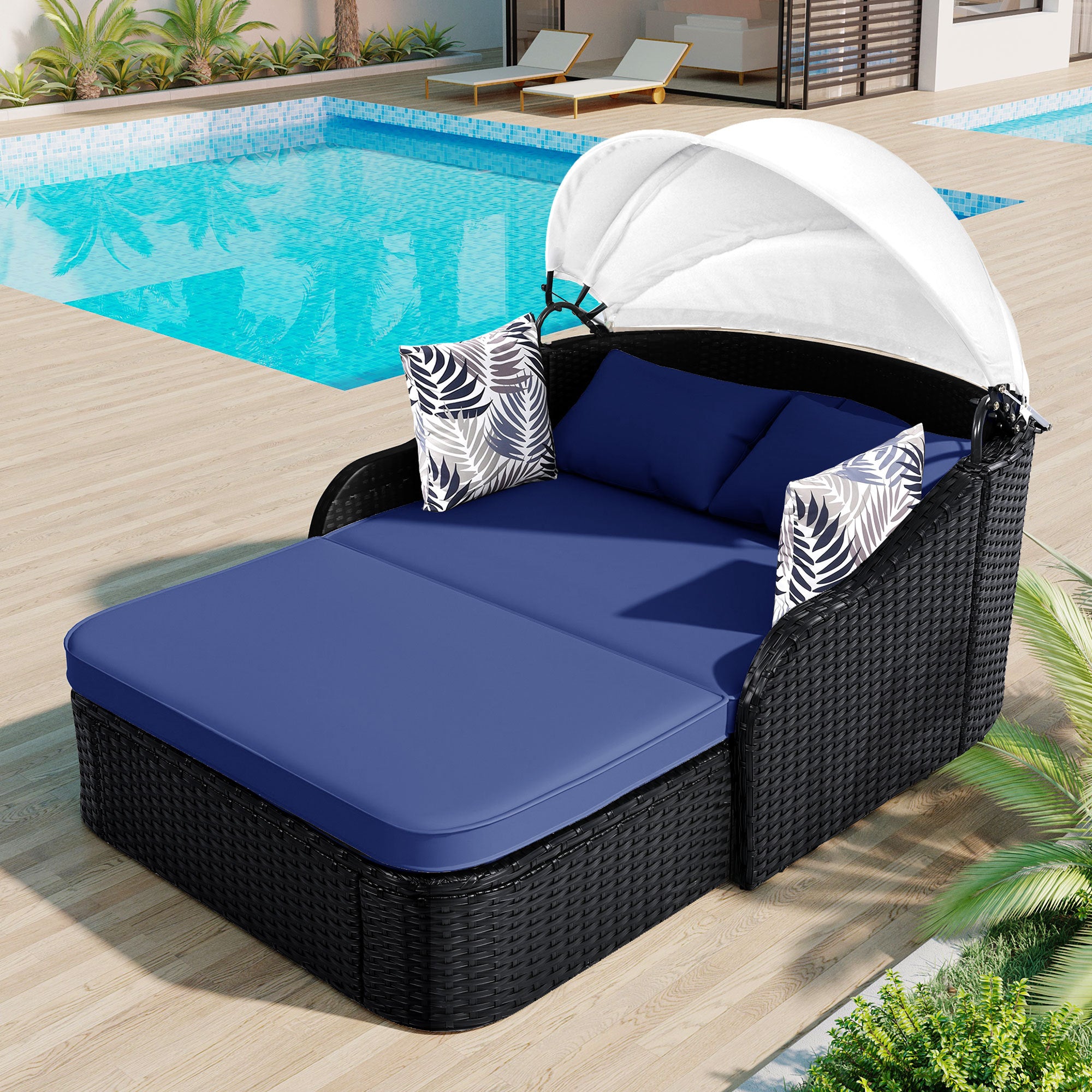 GO Outdoor Sunbed Double Lounge With Adjustable Canopy Featuring PE Rattan Daybed Black Wicker And Blue Cushion Limited Edition