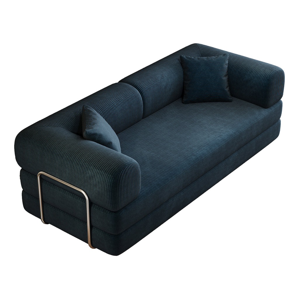 Blue Anthony & Home corduroy convertible sofa bed with plush cushions and sleek design, shown in both sofa and bed configurations.