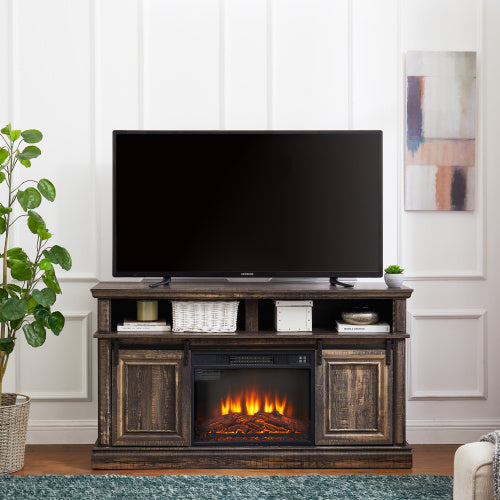 Antique Brown Entertainment TV Stand With Fireplace Insert
