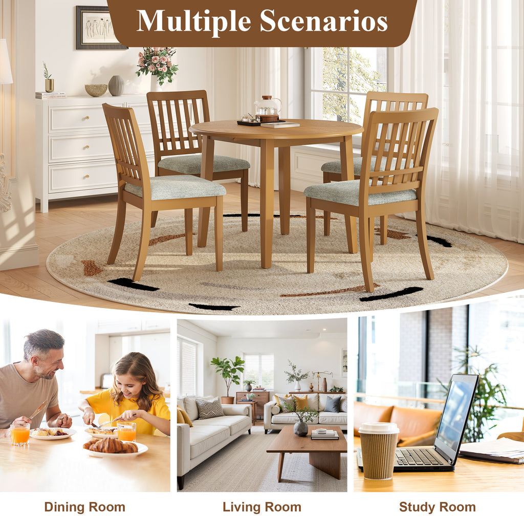 Extendable round dining table made of solid wood by Anthony & Home, showing its smooth surface and expandable design.