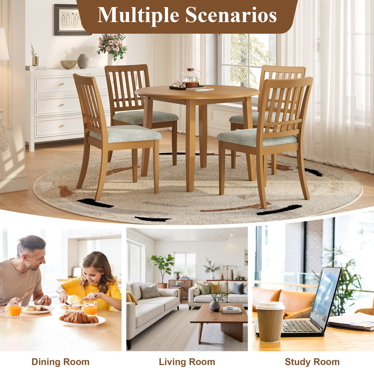 Extendable round dining table made of solid wood by Anthony & Home, showing its smooth surface and expandable design.
