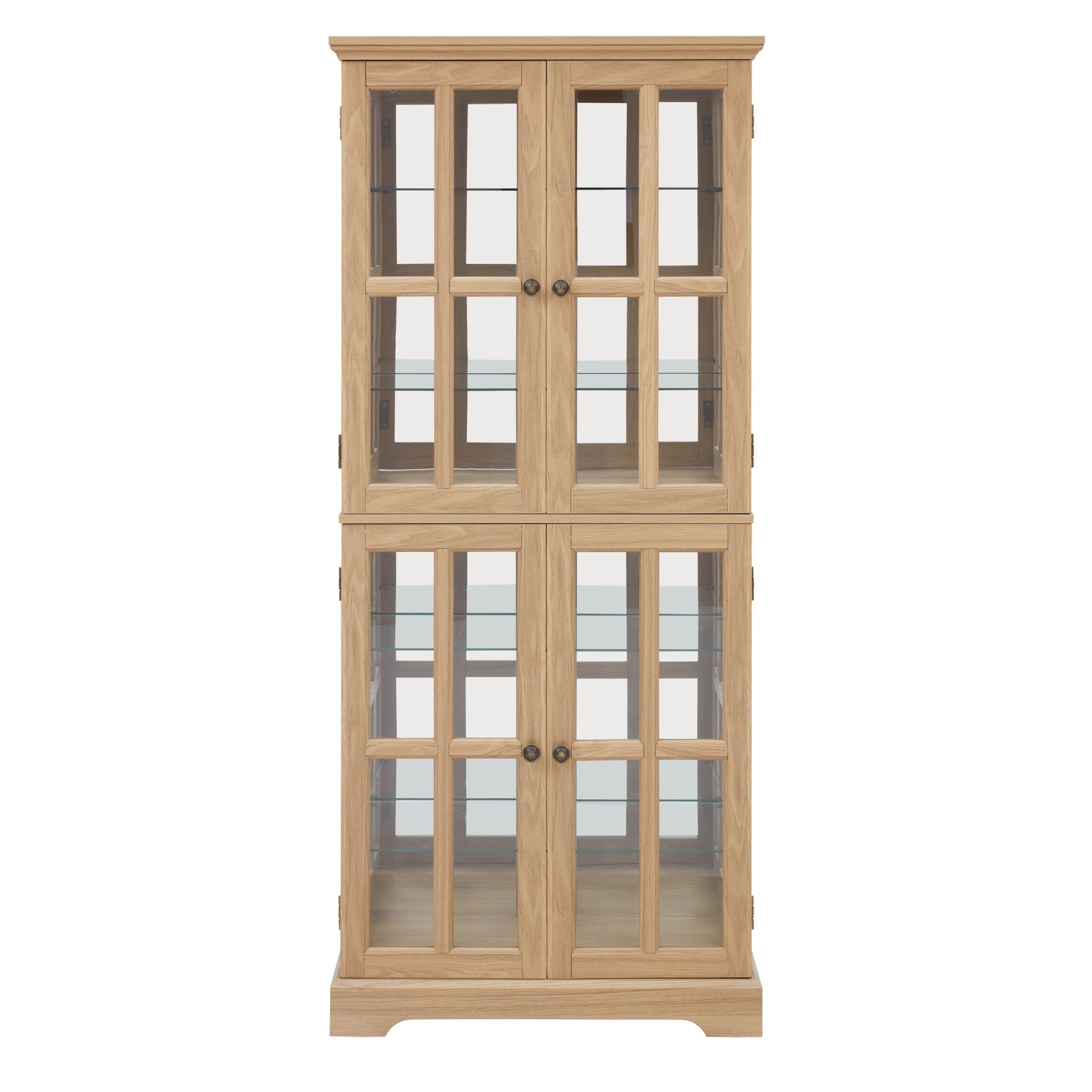 Oak curio cabinet with glass doors from Anthony & Home, showcasing elegant wood finish and display shelves inside.
