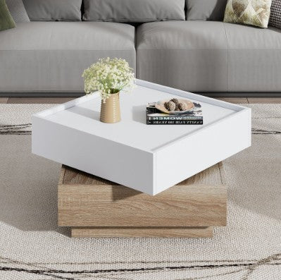 Square 360 Rotating Coffee Table With 2 Drawers, Wooden 2-Tier Center Table With Swivel Tabletop And Storage, Tea Table , Oak Table Frame Side Table For Living Room