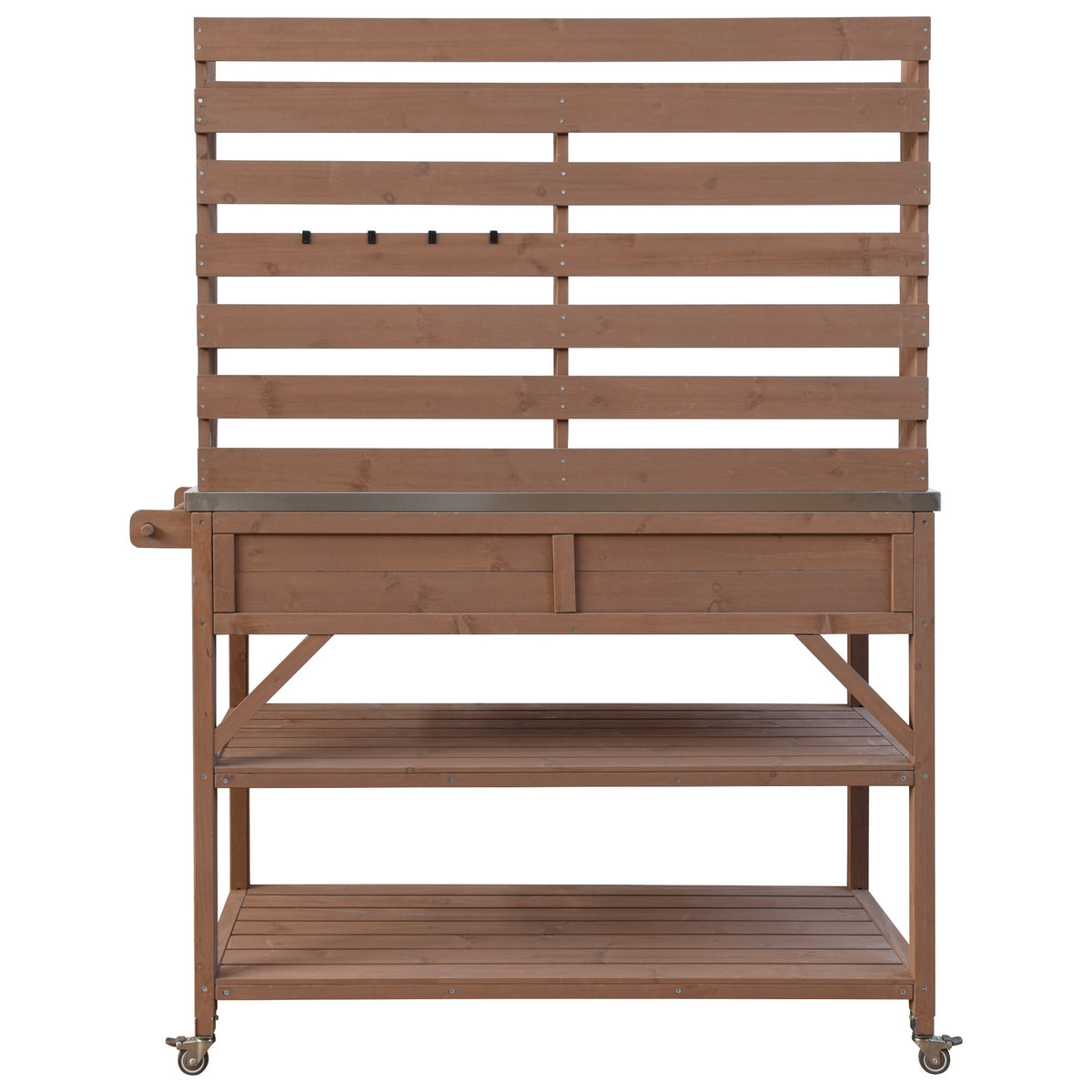 Anthony & Home outdoor potting bench with stainless steel top, featuring ample workspace and storage for gardening tasks.