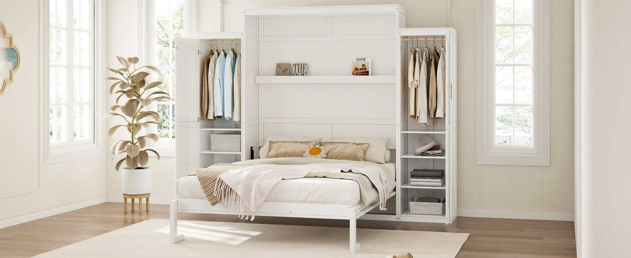 White wood queen Murphy bed with built-in wardrobes by Anthony & Home, showcasing a modern space-saving bedroom furniture design.
