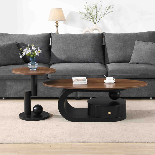 Nesting Coffee Table Set Of 2 In Black And Brown MDF Iron Oval And Round Exclusive