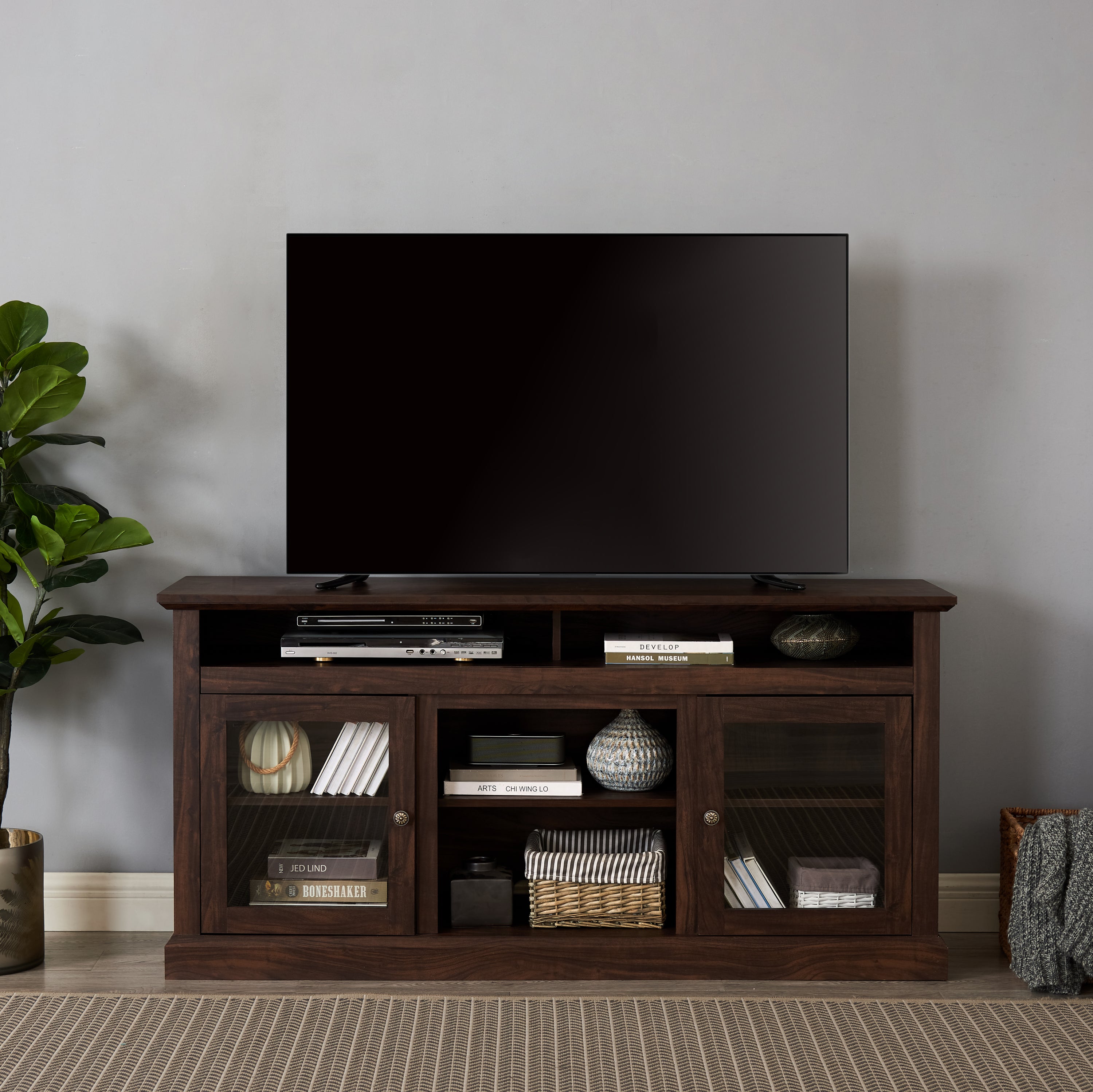 Anthony & Home Atelier Collection TV console in brown finish for 65-inch TVs, minimalist entertainment cabinet with sleek design