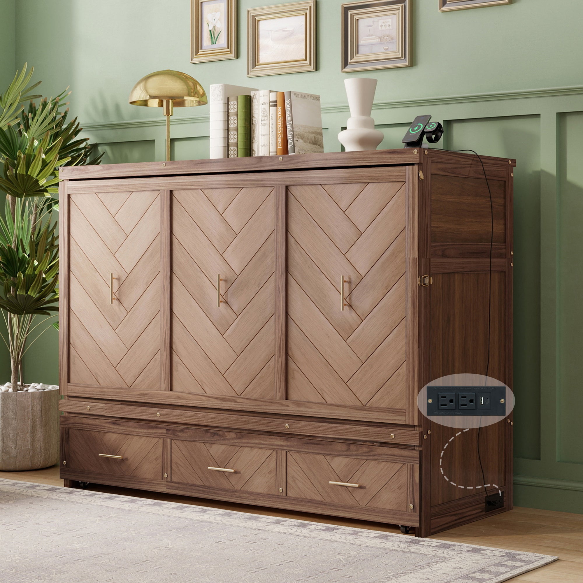 Murphy bed studio in light walnut finish by Anthony & Home, showing the space-saving wall bed with a sleek wooden design.
