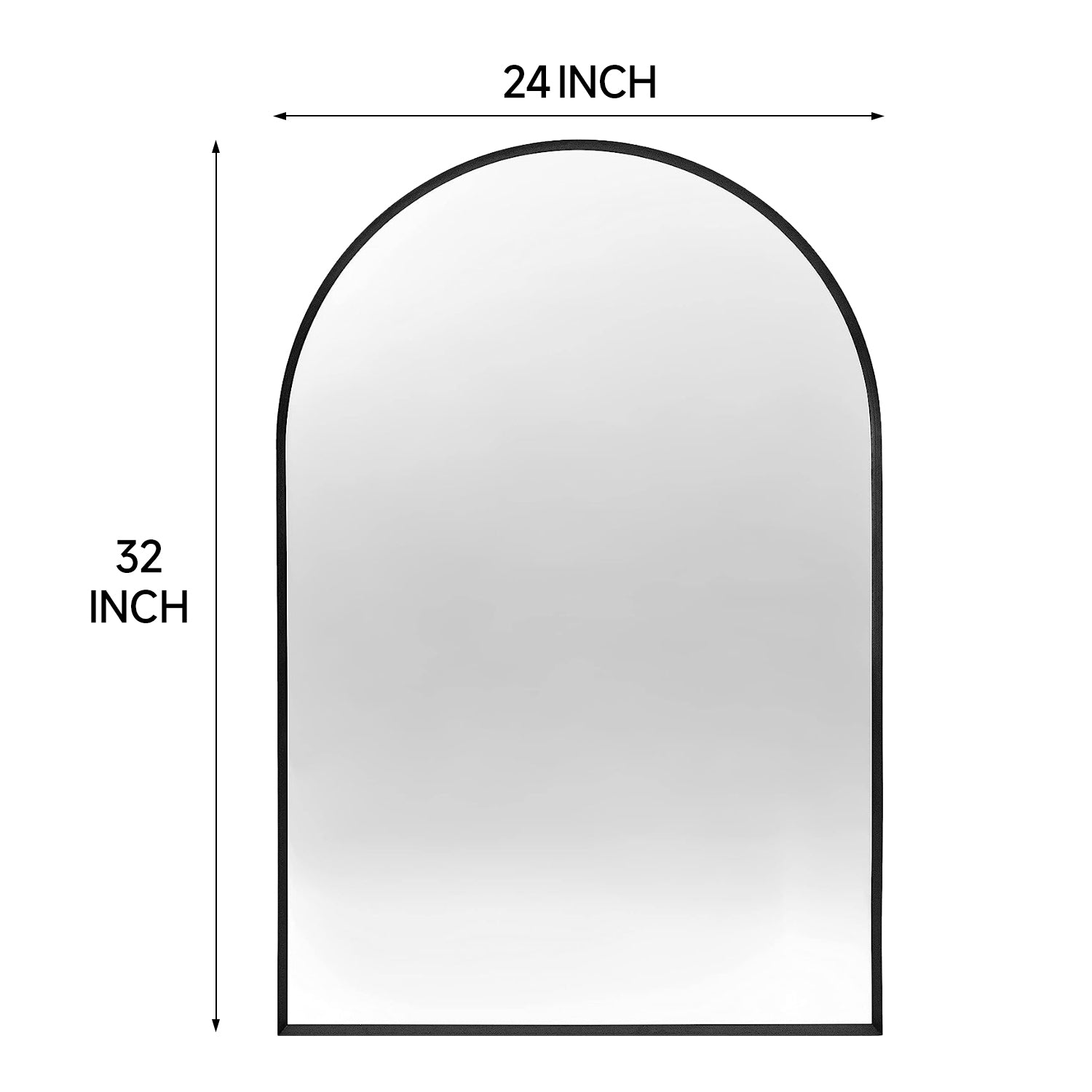 Arched black aluminum frame bathroom mirror with sleek modern design, hanging on a bathroom wall.