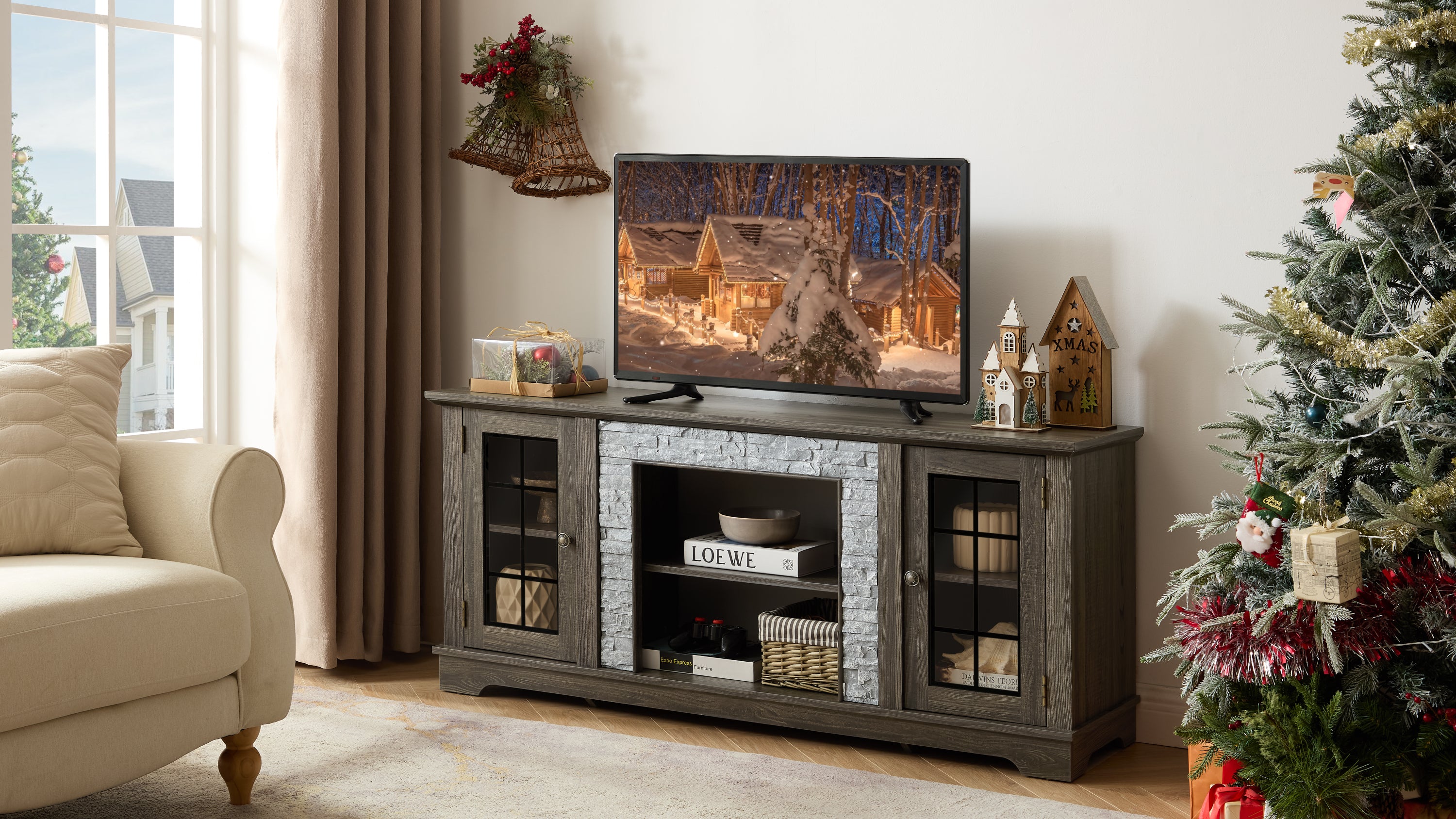 Anthony & Home Atelier Faux Stone TV stand in grey, showcasing modern design with a textured stone finish and spacious storage compartments.