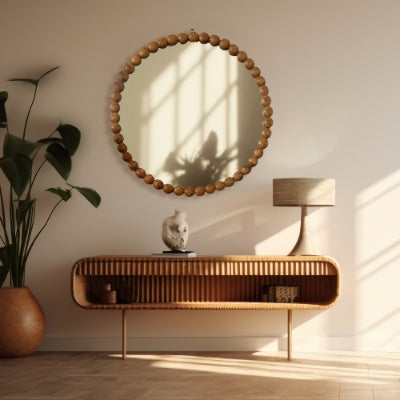 Decorative Round Wall Mirror With Wooden Bead Frame 32
