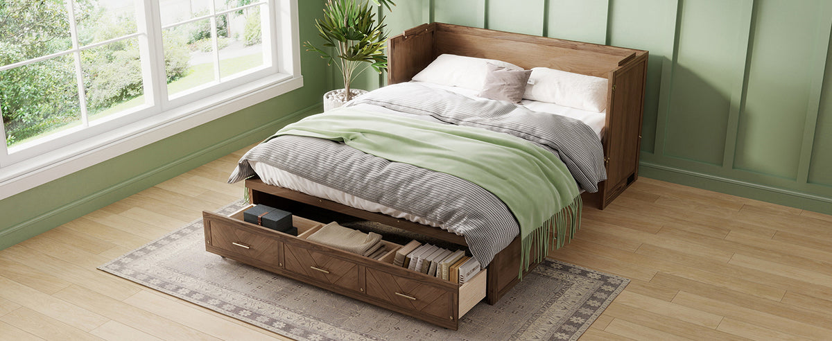 Anthony & Home Murphy Bed Studio in light walnut finish, showing the compact wall-mounted bed with fold-down design and modern wood finish.
