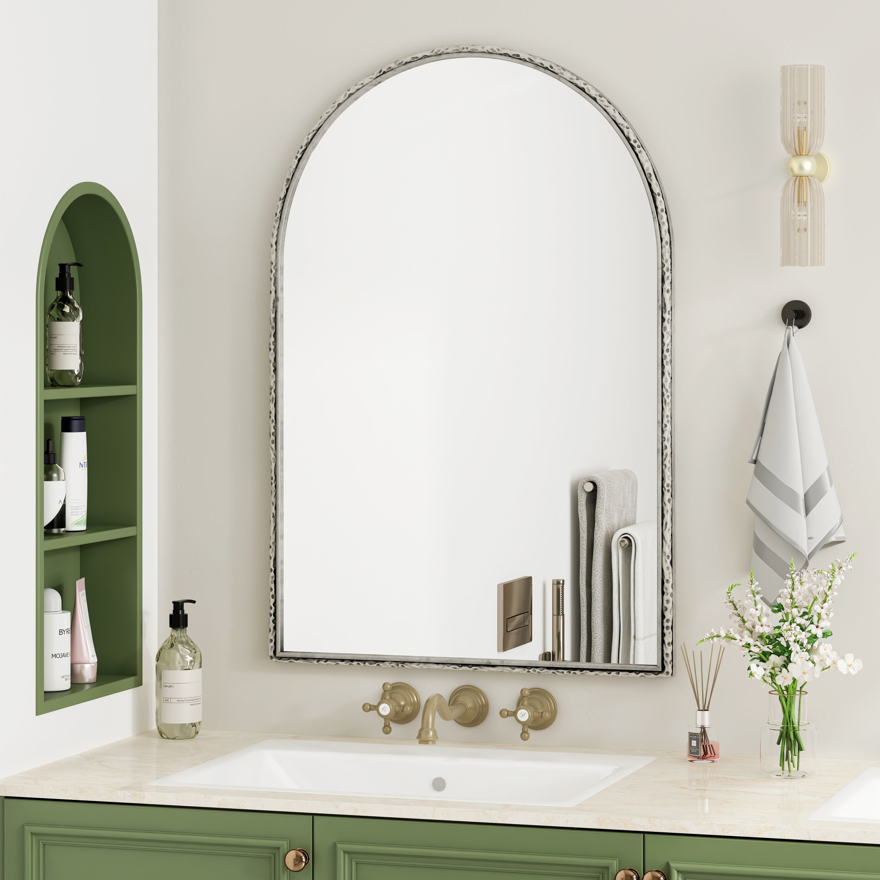 Arched silver mirror with tempered glass frame by Anthony & Home, showcasing a sleek, modern design suitable for contemporary interiors.