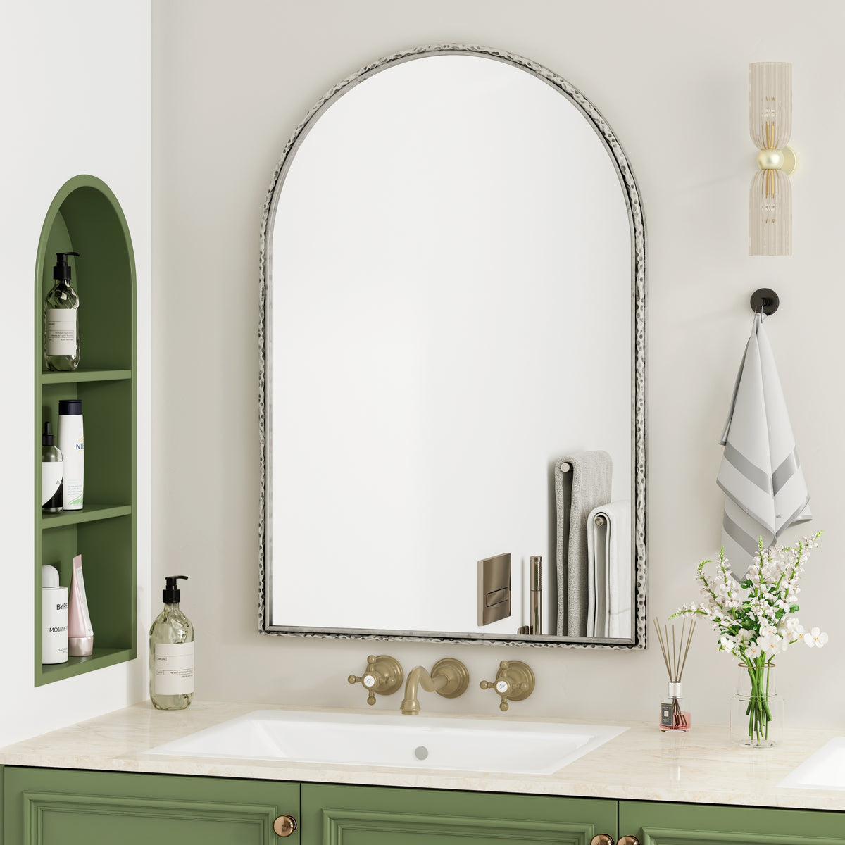 Arched silver mirror with tempered glass frame by Anthony & Home, showcasing a sleek, modern design suitable for contemporary interiors.
