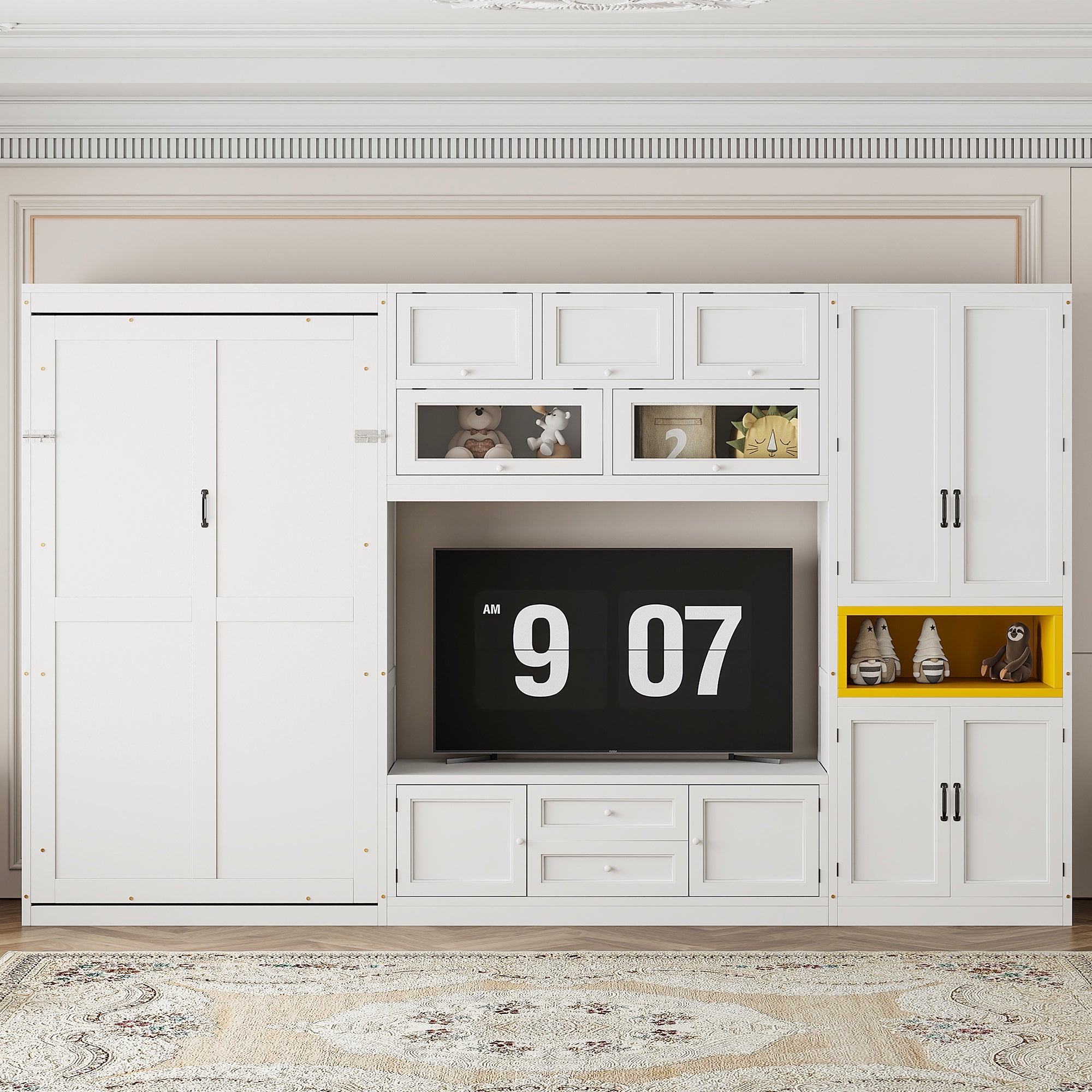 White twin-size solid wood Murphy bed with TV stand, two drawers, and cabinets by Anthony & Home.