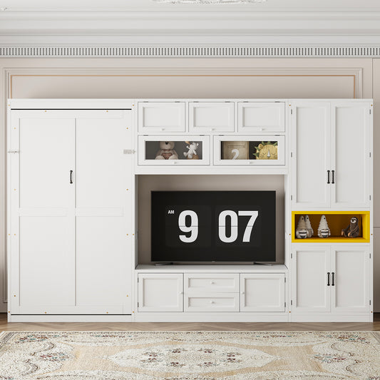 Solid Wood Murphy Bed With TV Stand Twin Size 2 Drawers Shelves And Cabinets White Finish Limited Edition
