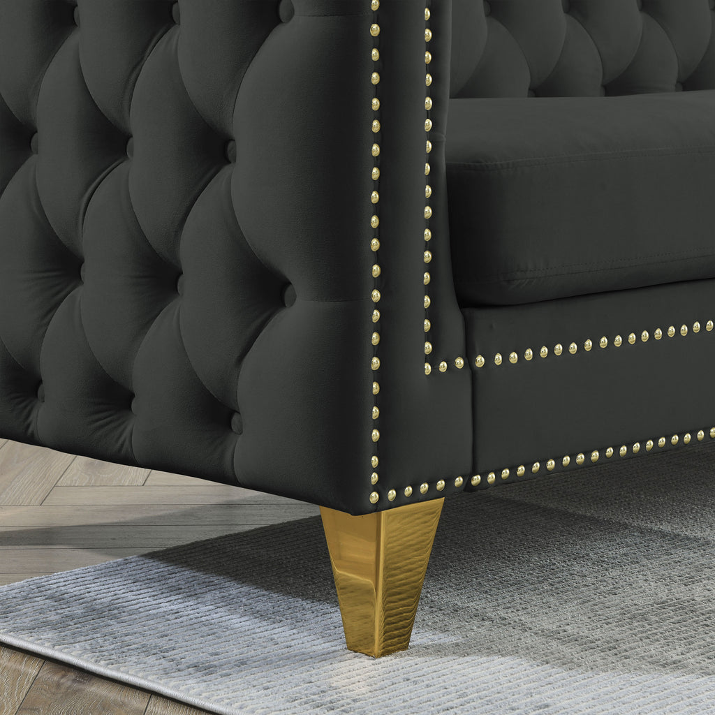 Black Atelier Velvet Tufted 3-Seater Sofa with metal legs by Anthony & Home, showcasing plush velvet upholstery and modern design.