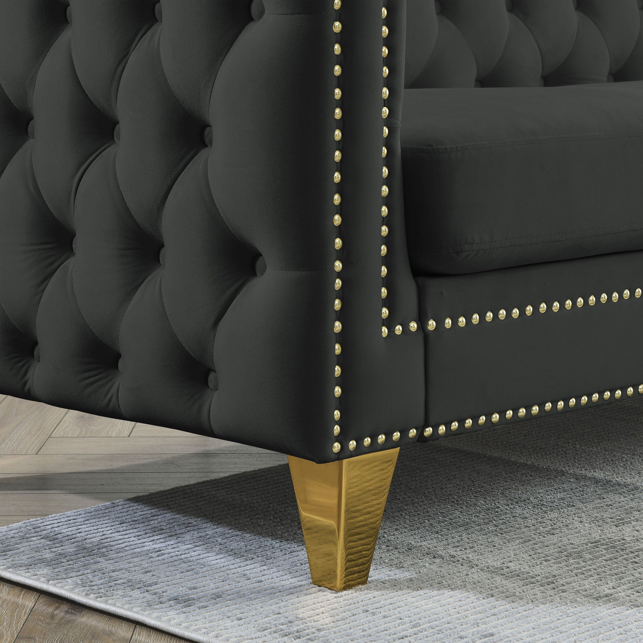 Black Atelier Velvet Tufted 3-Seater Sofa with metal legs by Anthony & Home, showcasing plush velvet upholstery and modern design.