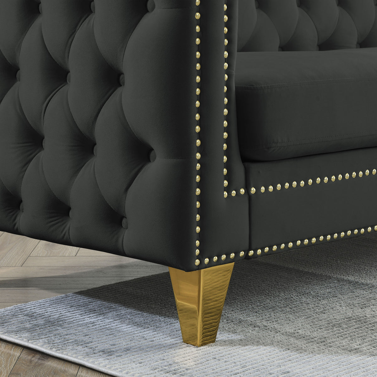 Black Atelier Velvet Tufted 3-Seater Sofa with metal legs by Anthony & Home, showcasing plush velvet upholstery and modern design.