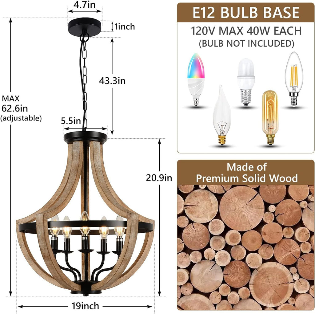 Solid Wood Farmhouse Chandelier Adjustable Dining Room Brown