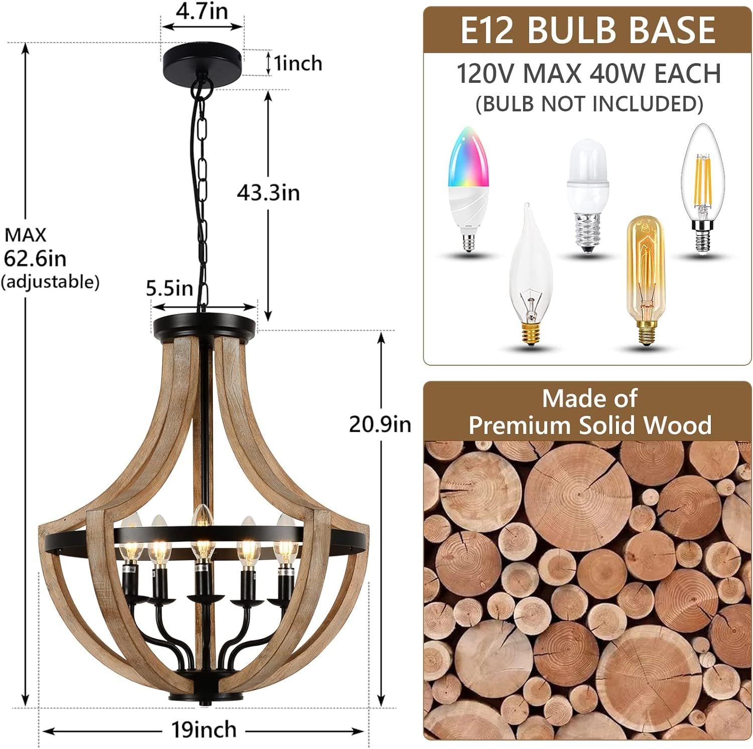 Solid Wood Farmhouse Chandelier Adjustable Dining Room Brown