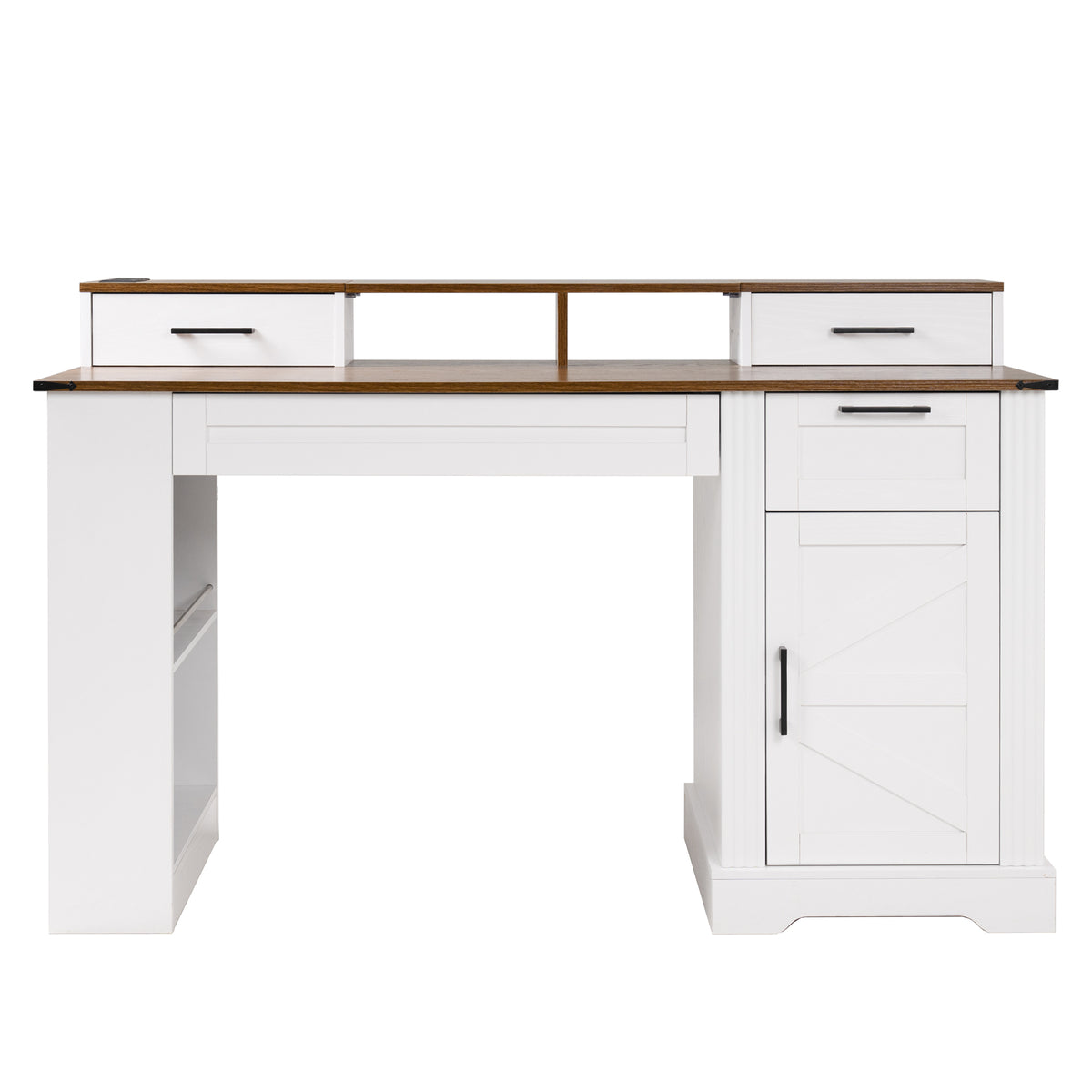 Anthony & Home studio barn door desk with built-in storage and charging station, featuring a rustic wooden design and sliding barn door style.