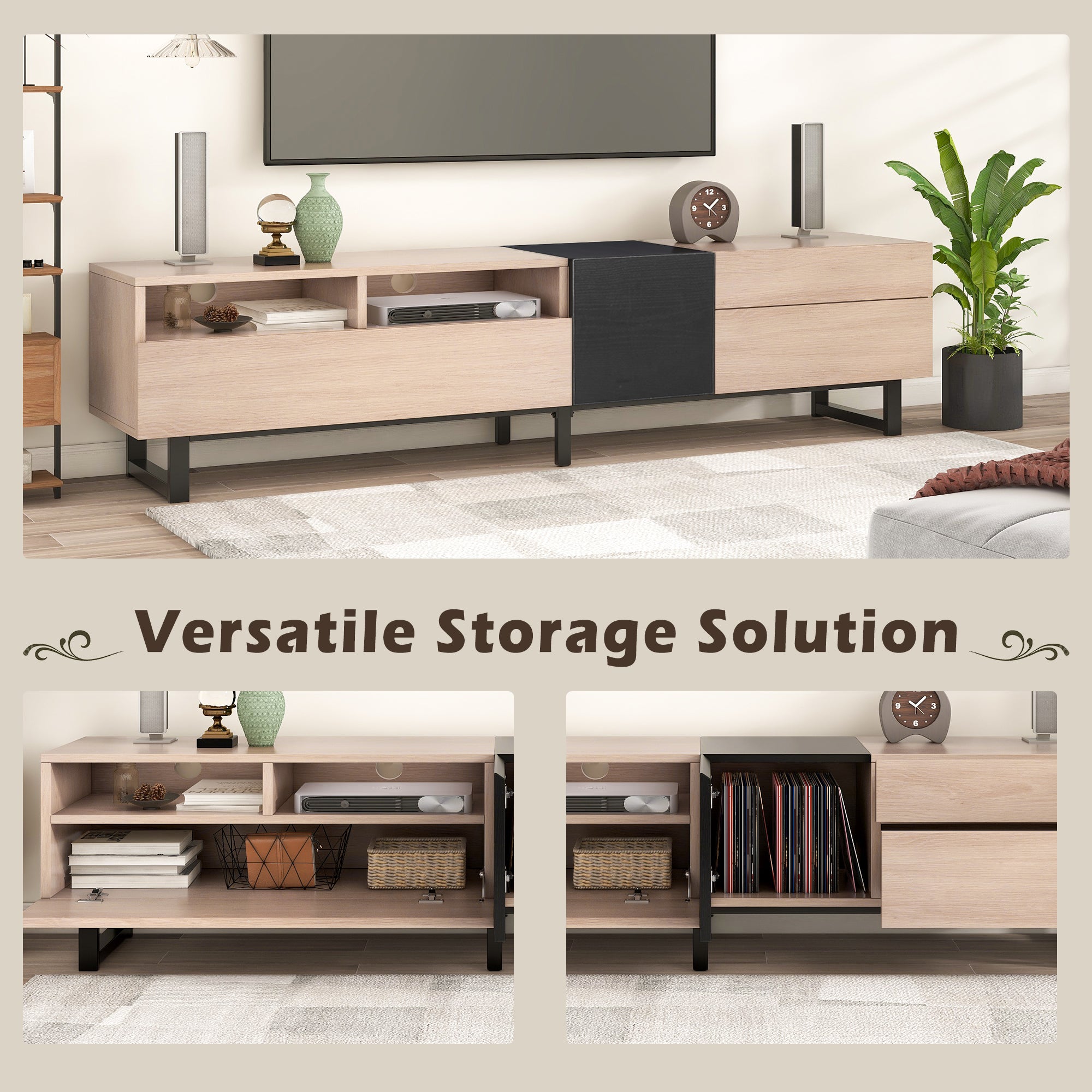 Natural wood TV console with dual storage drawers by Anthony & Home, featuring a modern, sleek design for living room entertainment.