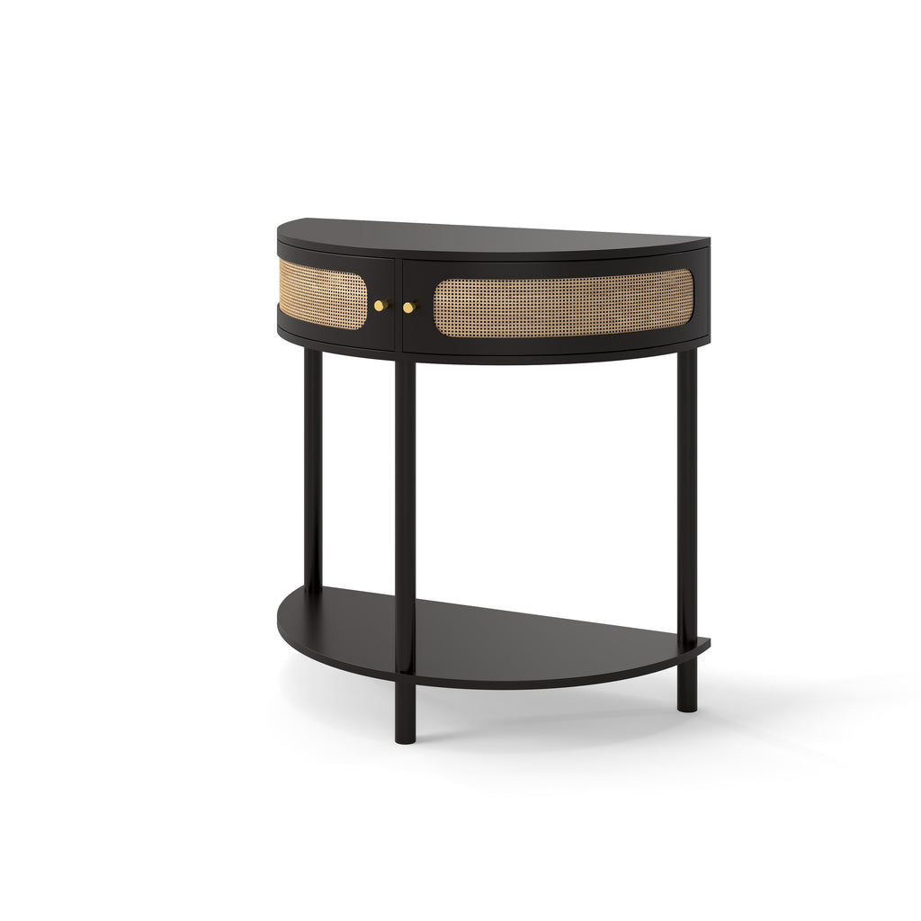 Boho Rattan Inspired Semi Circle End Table In Black Solid Wood With Sliding Door And Storage