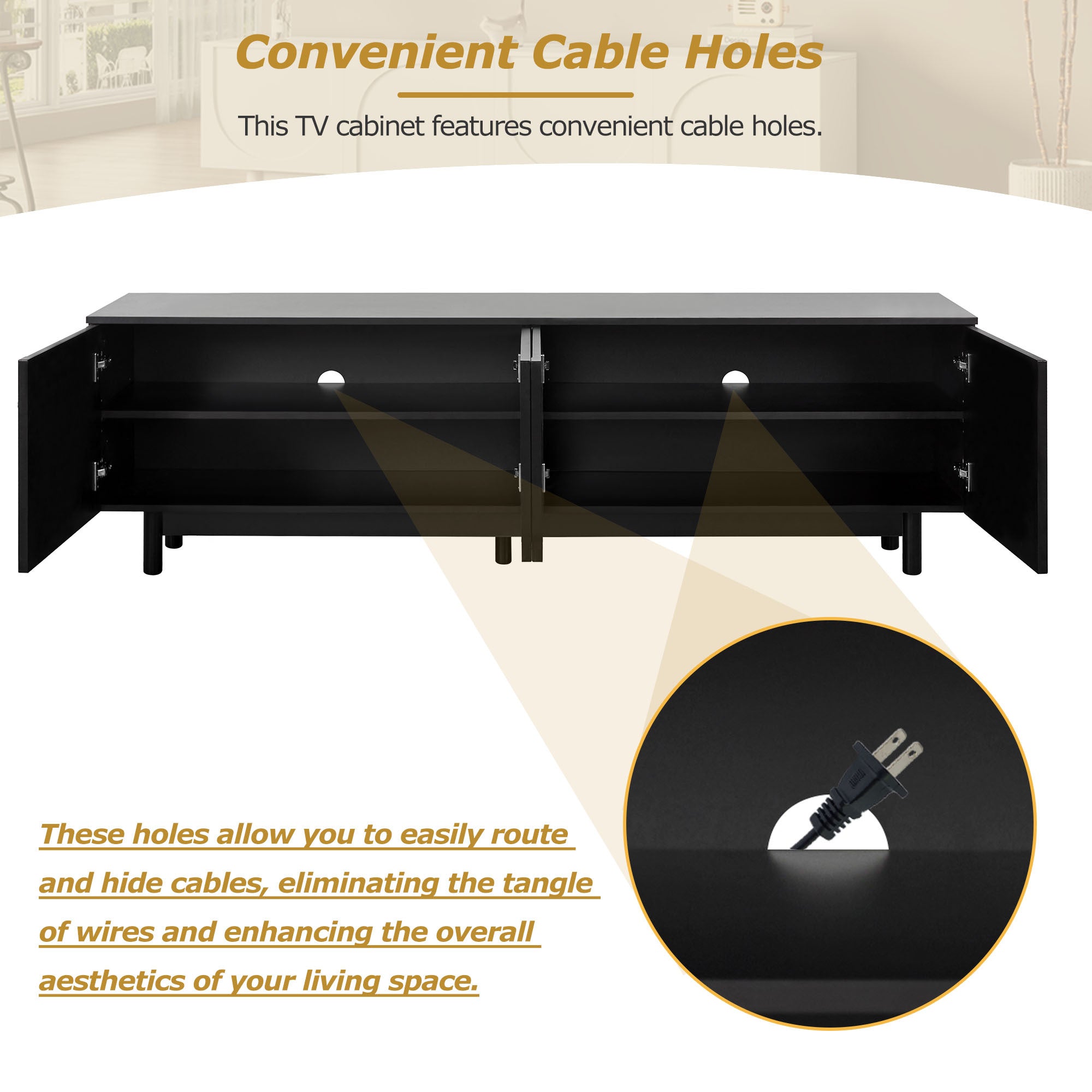 Anthony & Home solid wood arch-cabinet TV stand with up to 78-inch width and stylish legs, perfect for modern studio living.