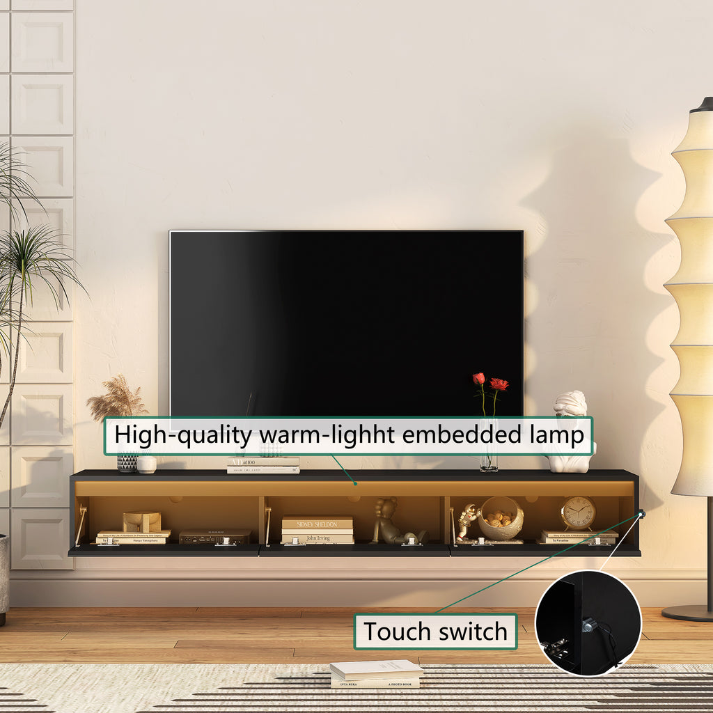 Floating Wall Mounted TV Stand With LED Lights Black