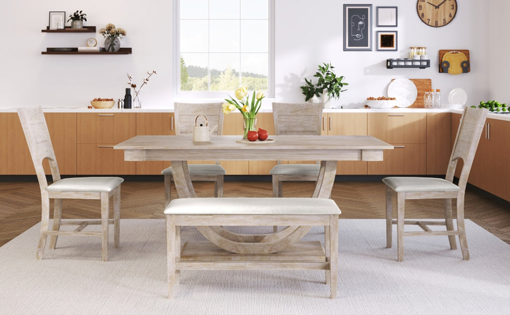 Topmax 6 Wood Half Round Dining Set With Bench And Chairs