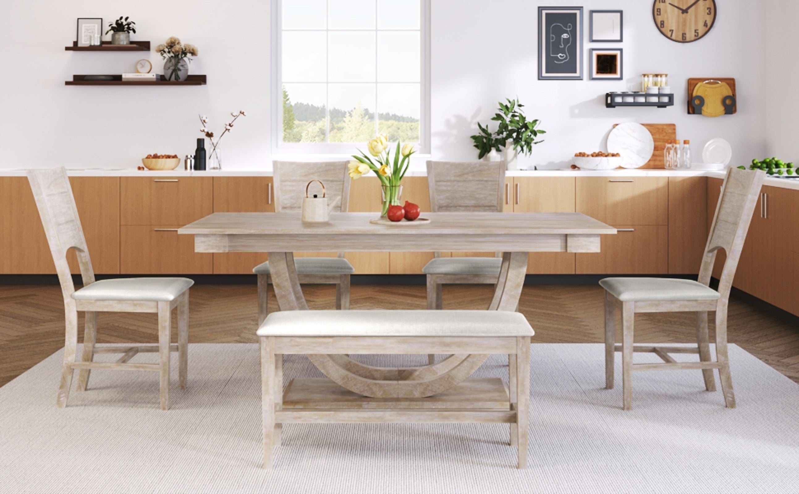 Topmax 6 Wood Half Round Dining Set With Bench And Chairs