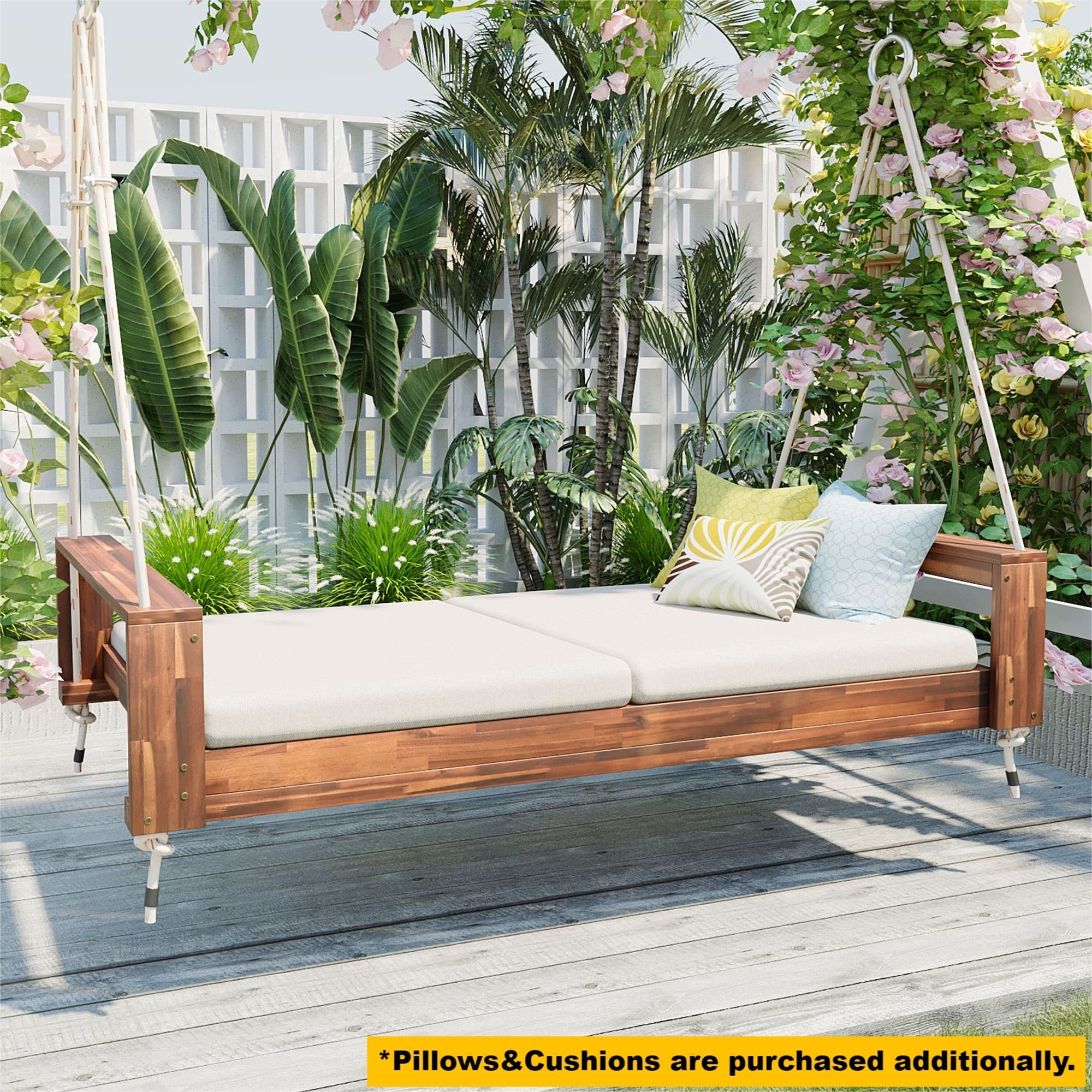 Twin size acacia wood porch swing bed with hemp ropes, natural finish, from Anthony & Home Atelier Collection, shown with cushions.