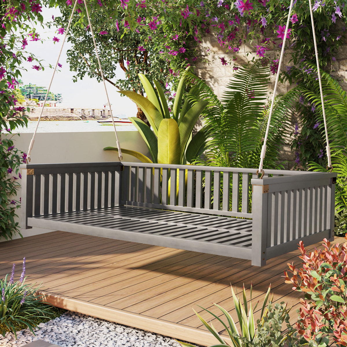 Twin size solid wood garden swing bed with rope support by Anthony & Home, showcasing a cozy outdoor relaxation spot.