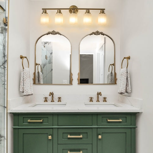 Five Light Gold Wall Mount Vanity Light With Frosted Shade