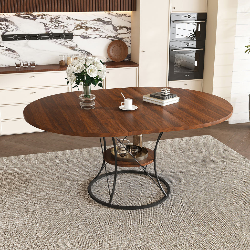 Anthony & Home studio round extendable dining table made of solid wood, showing its polished surface and extendable design.