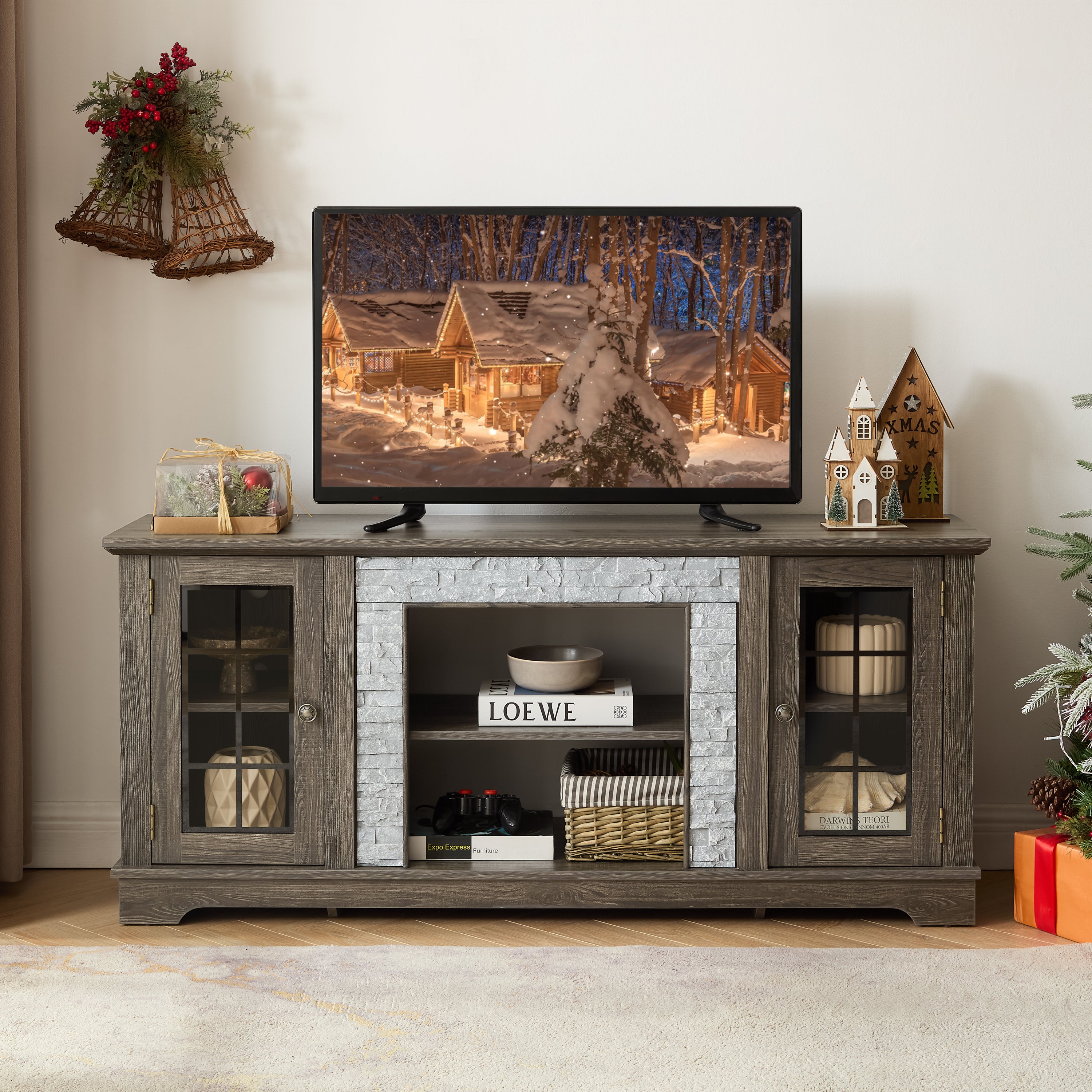 Anthony & Home Atelier Faux Stone TV stand in grey with sleek modern design and sturdy construction.
