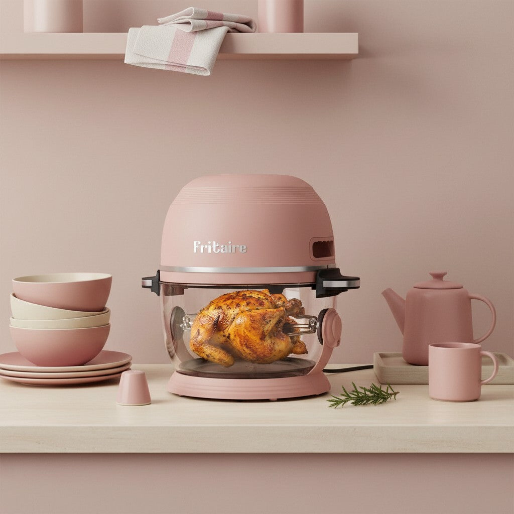 Fritaire Self-Cleaning Air Fryer in mauve rose, kitchen appliance with sleek design and non-toxic features for healthy cooking.