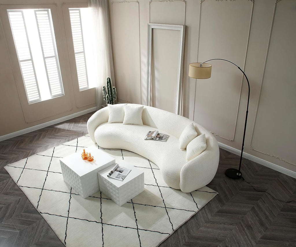 Curved teddy fleece sofa set in mid-century style with plush seating and modern design, ideal for contemporary living rooms.