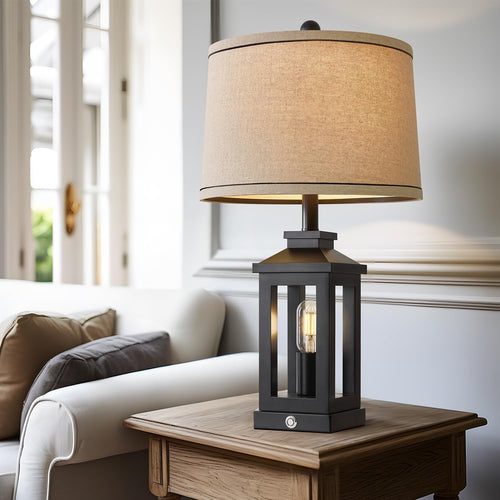 Pair of Signature Matte Black Retro Farmhouse Table Lamps by ShipItFurniture showing classic design and warm lighting.